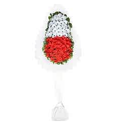 Kırmızı ve beyaz yapay gerbera ile hazırlanmış tek katlı açılış ve düğün çelengi.