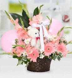 Balonlu Gerbera Glayor Sepet içinde 5 adet pembe gerbera, 10 adet beyaz papatya, 9 adet pembe glayor, 1 adet ayıcık ve 2 adet pembe balon ile hazırlanmış aranjman. Not; Papatyaların, yapısı gereği aranjmandaki çiçek adedine tomurcukları da dahildir.