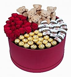 Tatlı Aşk Kutusu – Kırmızı Gül, Ferrero Rocher, Mini Ayıcık ve Nutella