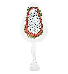 Tasarım beyaz ve kırmızı yapay gerberalar ile hazırlanmış tek katlı nikah, açılış ve düğün çelengi.