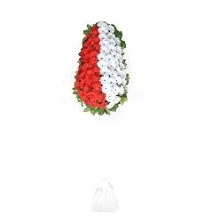 Beyaz ve kırmızı yapay gerbera ile hazırlanmış tek katlı nikah, açılış ve düğün çiçeği.